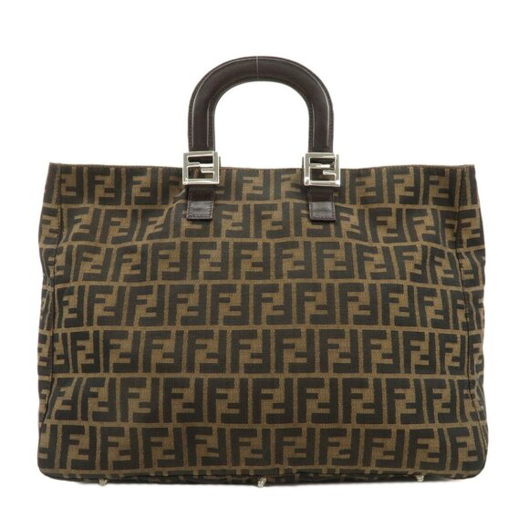 Auth FENDI Zucca Tote Bag Hand Bag Brown Black Canvas Leather - Picture 1 of 16